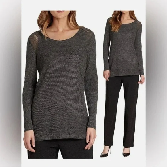 Eileen Fisher Scoop Neck Merino Wool Metallic Thread Geometric Sweater Long Line - Picture 11 of 11